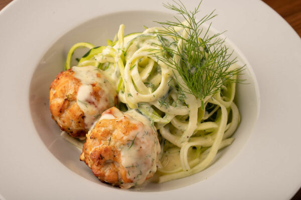 Salmon Balls with Lemon Dill Sauce with Whole Wheat Pasta