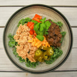 Pulled Chicken Bowl with Kale, Pico de Gallo, and Pickled Jalapeno