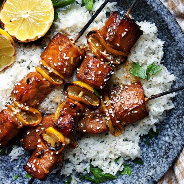 Chipotle Maple Salmon Skewers with Rice and Roasted Veggies