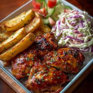 Smokey BBQ Chicken Thighs with Roasted Potato and Coleslaw